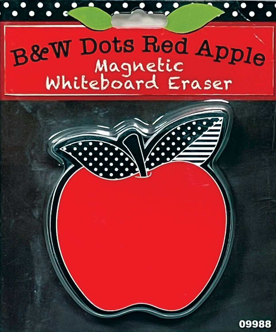09988 Magnetic Whiteboard Eraser, B&W Dots Red Apple