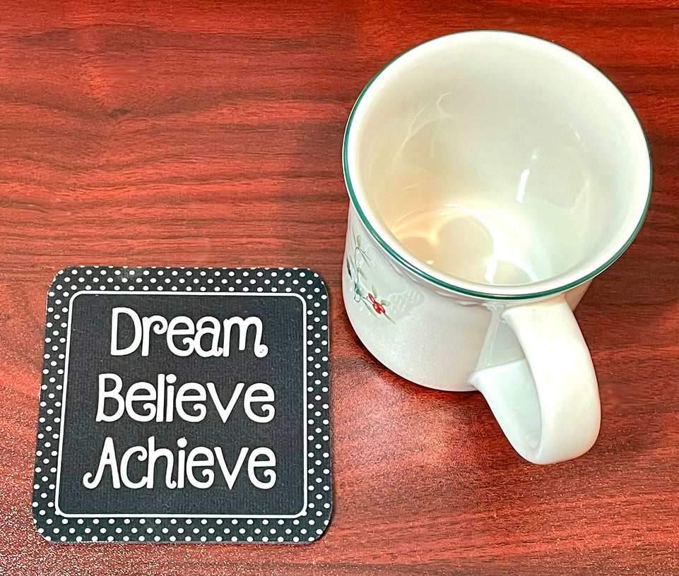 12520 Computer Desk Mats, Set of 3,  1 ea Mouse Pad, 1 ea Keyboard Wrist Pad, 1 ea Coaster, Dream, Believe, Achieve, Black with White Dots