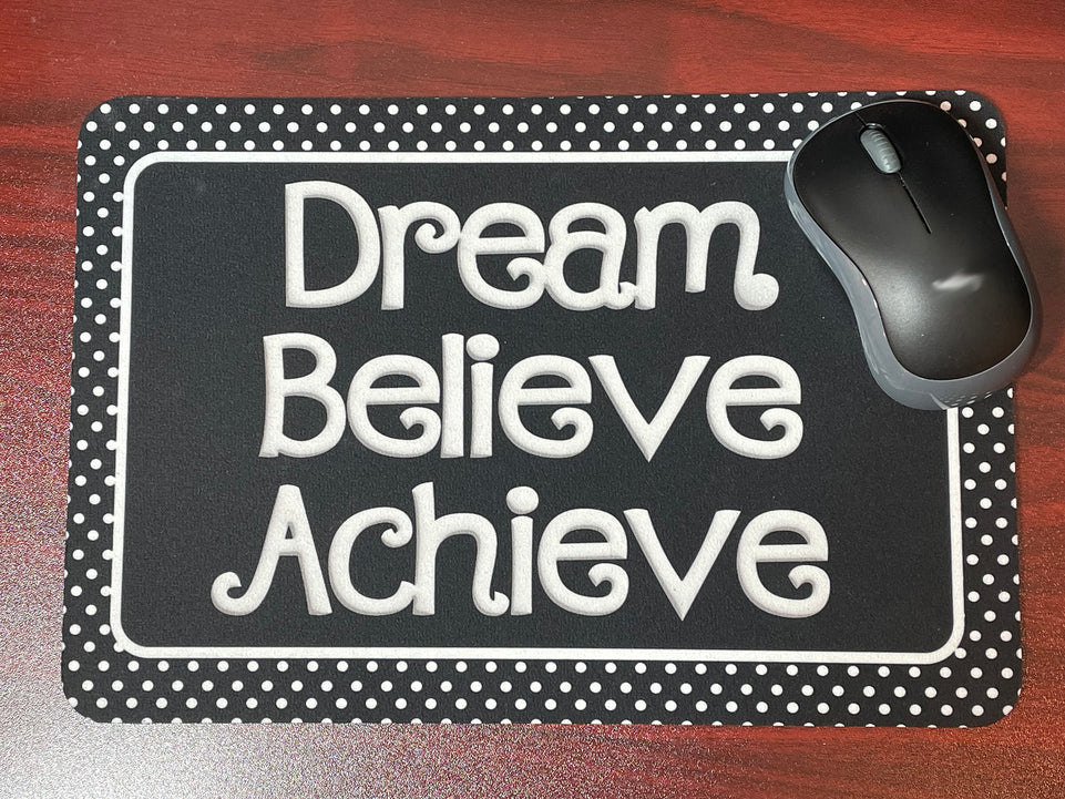 12520 Computer Desk Mats, Set of 3,  1 ea Mouse Pad, 1 ea Keyboard Wrist Pad, 1 ea Coaster, Dream, Believe, Achieve, Black with White Dots