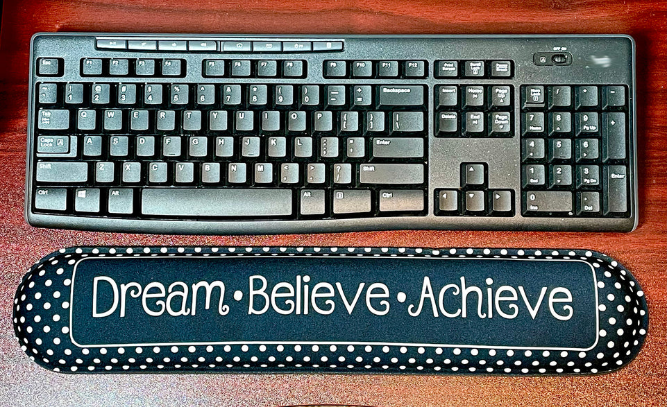 12520 Computer Desk Mats, Set of 3,  1 ea Mouse Pad, 1 ea Keyboard Wrist Pad, 1 ea Coaster, Dream, Believe, Achieve, Black with White Dots