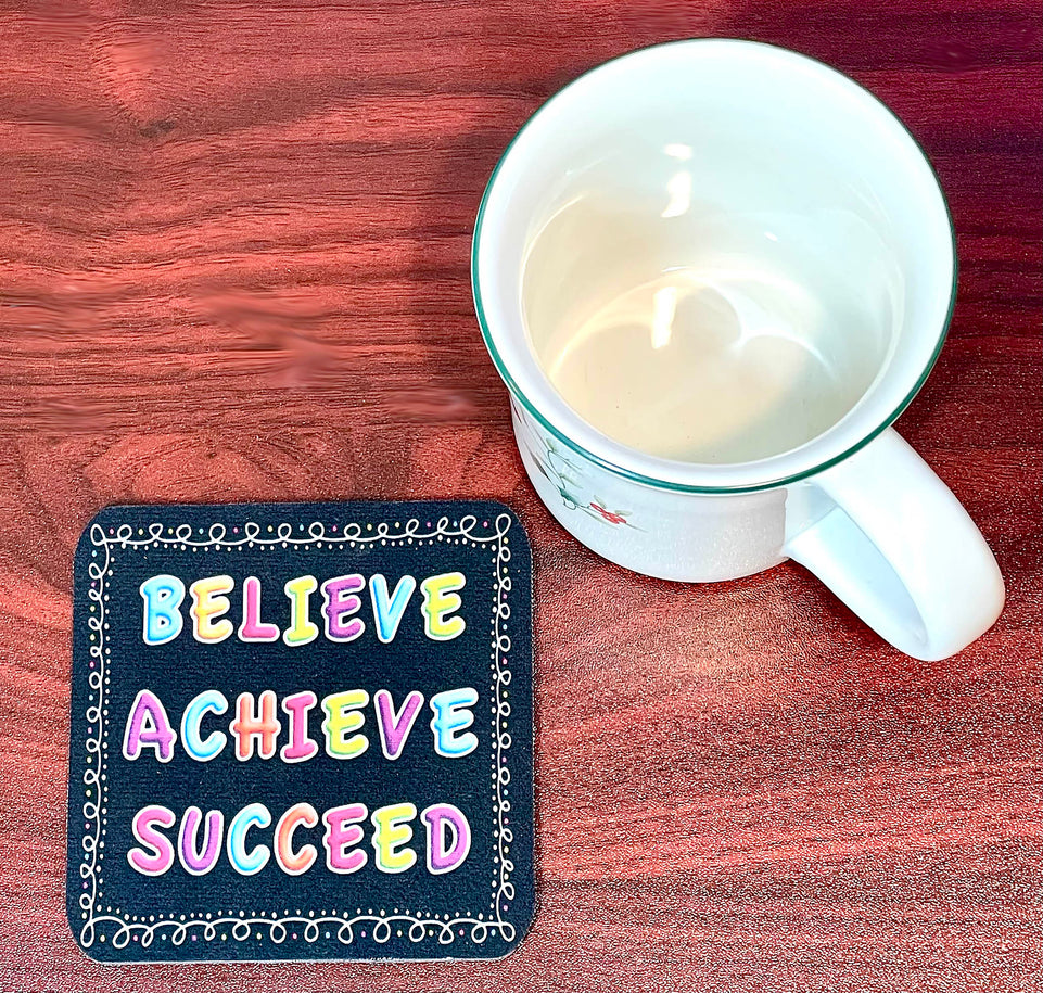 12522 Computer Desk Mats, Set of 3, 1 ea Mouse Pad, 1 ea Keyboard Wrist Pad, 1 ea Coaster, Believe, Achieve, Succeed, Chalk Loops