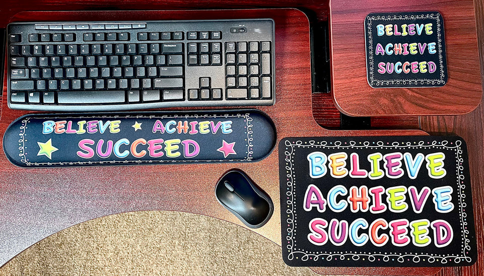 12522 Computer Desk Mats, Set of 3, 1 ea Mouse Pad, 1 ea Keyboard Wrist Pad, 1 ea Coaster, Believe, Achieve, Succeed, Chalk Loops