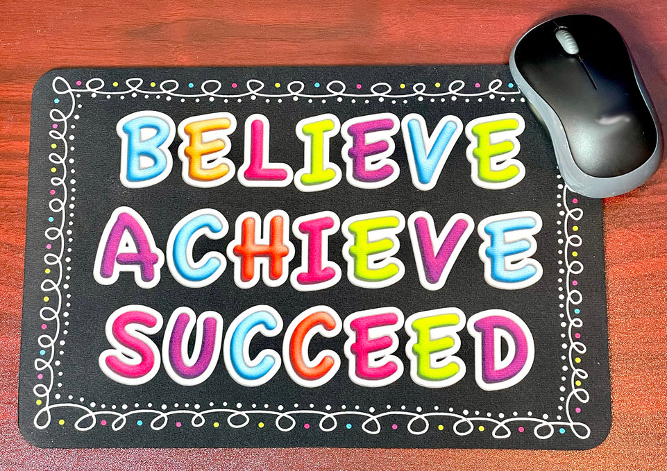 12522 Computer Desk Mats, Set of 3, 1 ea Mouse Pad, 1 ea Keyboard Wrist Pad, 1 ea Coaster, Believe, Achieve, Succeed, Chalk Loops