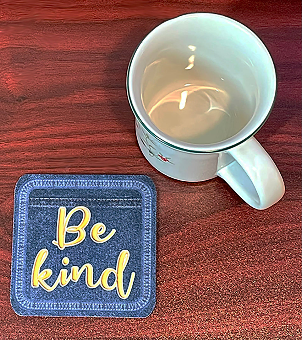 12523 Computer Desk Mats, Set of 3, 1 ea Mouse Pad, 1 ea Keyboard Wrist Pad, 1 ea Coaster, Kindness Themed, Denim