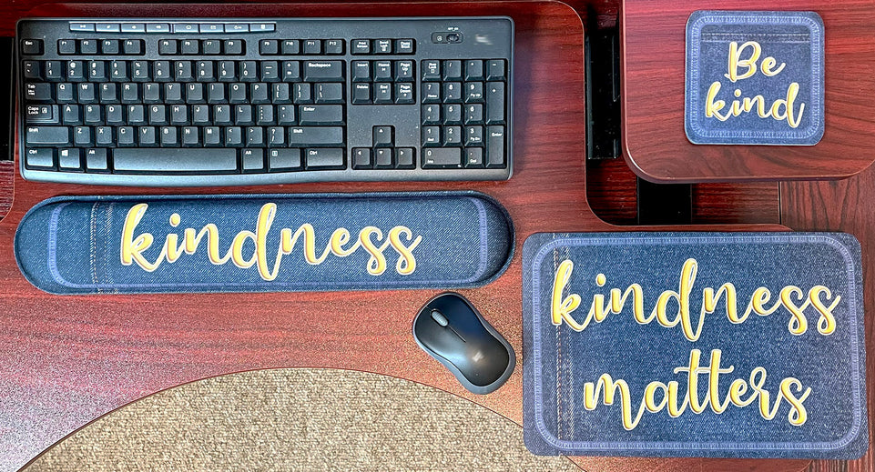12523 Computer Desk Mats, Set of 3, 1 ea Mouse Pad, 1 ea Keyboard Wrist Pad, 1 ea Coaster, Kindness Themed, Denim