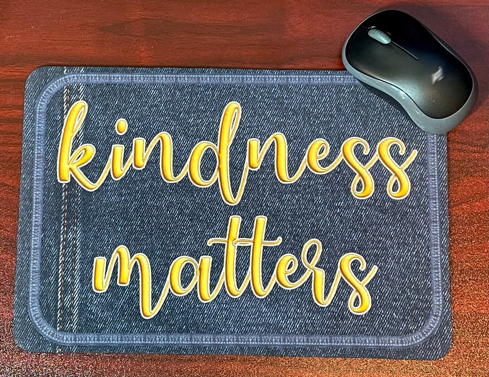 12523 Computer Desk Mats, Set of 3, 1 ea Mouse Pad, 1 ea Keyboard Wrist Pad, 1 ea Coaster, Kindness Themed, Denim