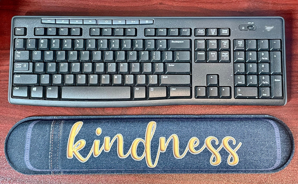 12523 Computer Desk Mats, Set of 3, 1 ea Mouse Pad, 1 ea Keyboard Wrist Pad, 1 ea Coaster, Kindness Themed, Denim