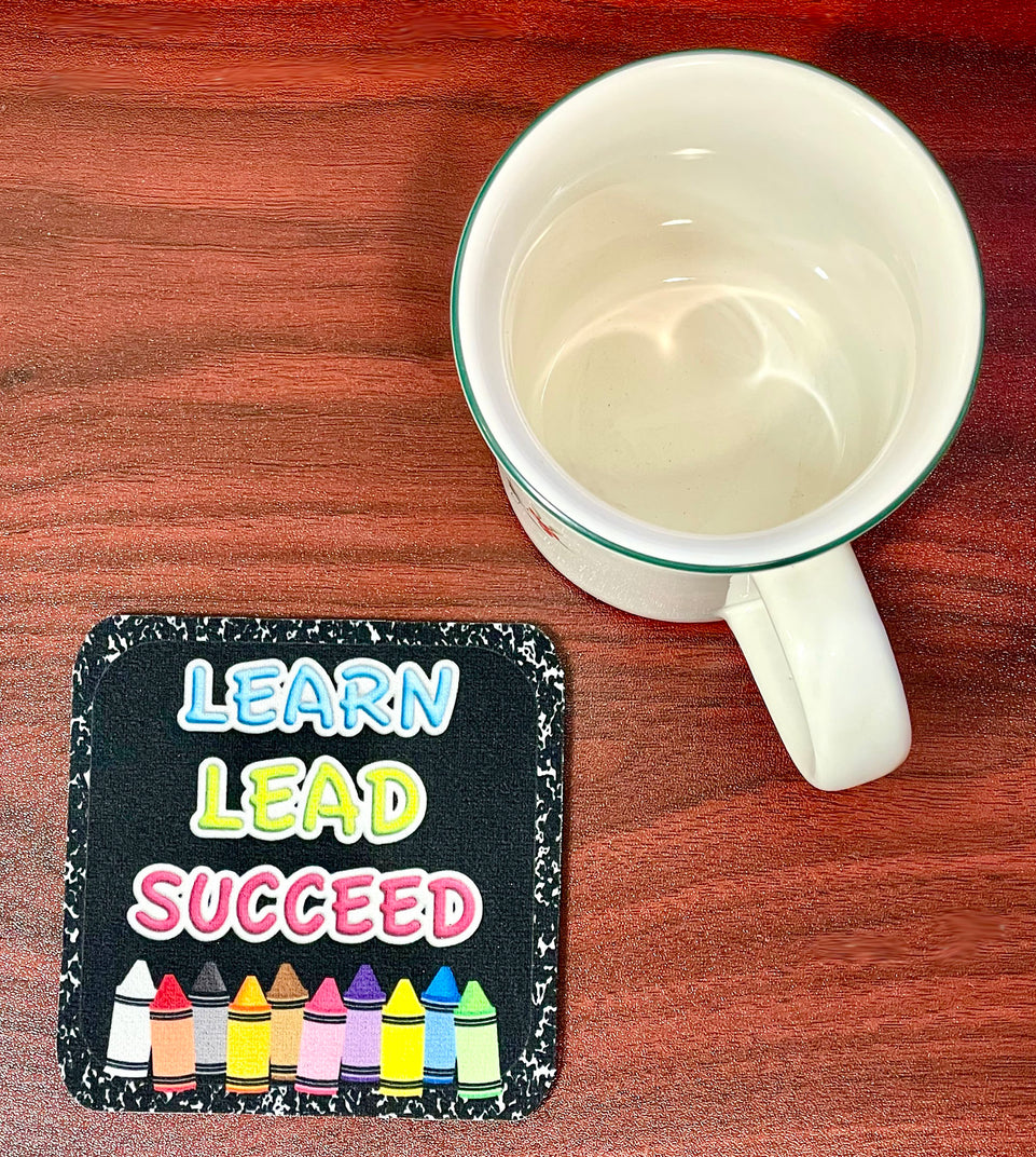 12524 Computer Desk Mats, Set of 3, 1 ea Mouse Pad, 1 ea Keyboard Wrist Pad, 1 ea Coaster, Learn, Lead, Succeed, Crayon Composition