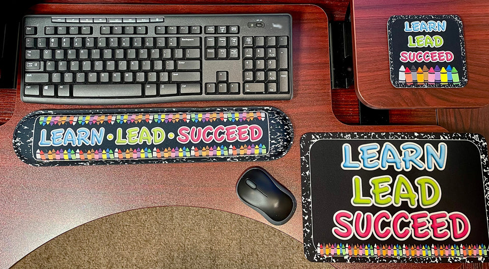 12524 Computer Desk Mats, Set of 3, 1 ea Mouse Pad, 1 ea Keyboard Wrist Pad, 1 ea Coaster, Learn, Lead, Succeed, Crayon Composition