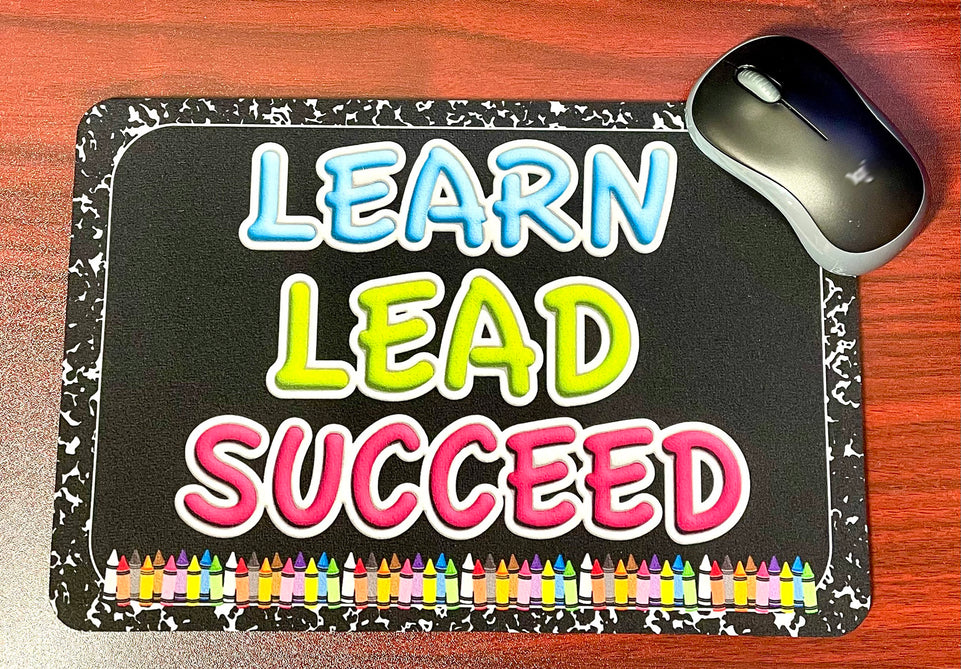 12524 Computer Desk Mats, Set of 3, 1 ea Mouse Pad, 1 ea Keyboard Wrist Pad, 1 ea Coaster, Learn, Lead, Succeed, Crayon Composition