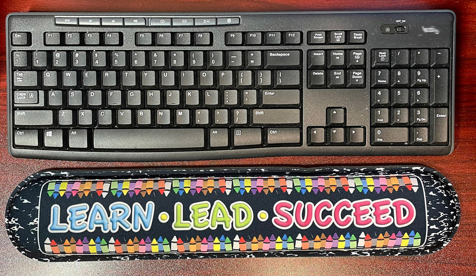 12524 Computer Desk Mats, Set of 3, 1 ea Mouse Pad, 1 ea Keyboard Wrist Pad, 1 ea Coaster, Learn, Lead, Succeed, Crayon Composition