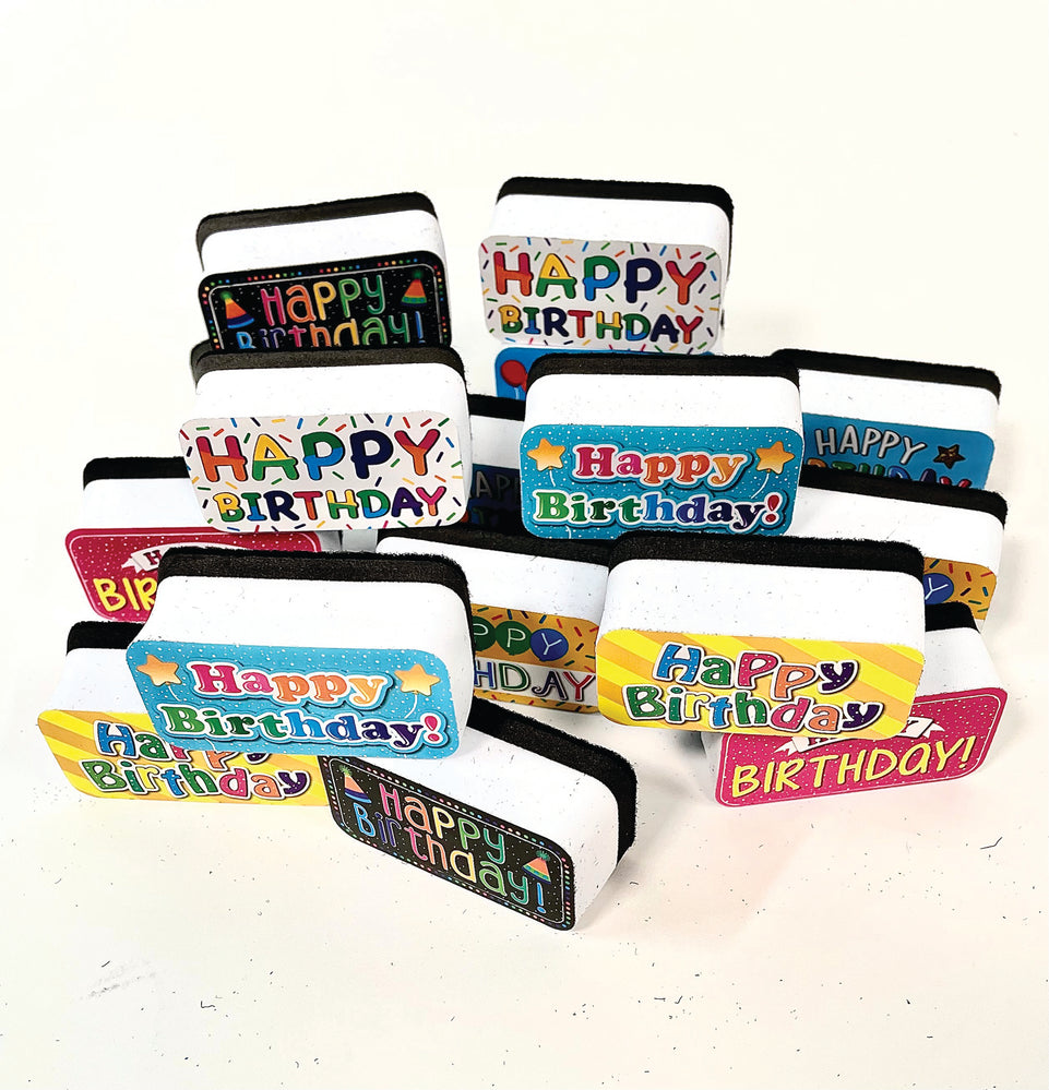 78016 Happy Birthday Non-Magnetic Mini Whiteboard Erasers, 16-Pack, Happy Birthday