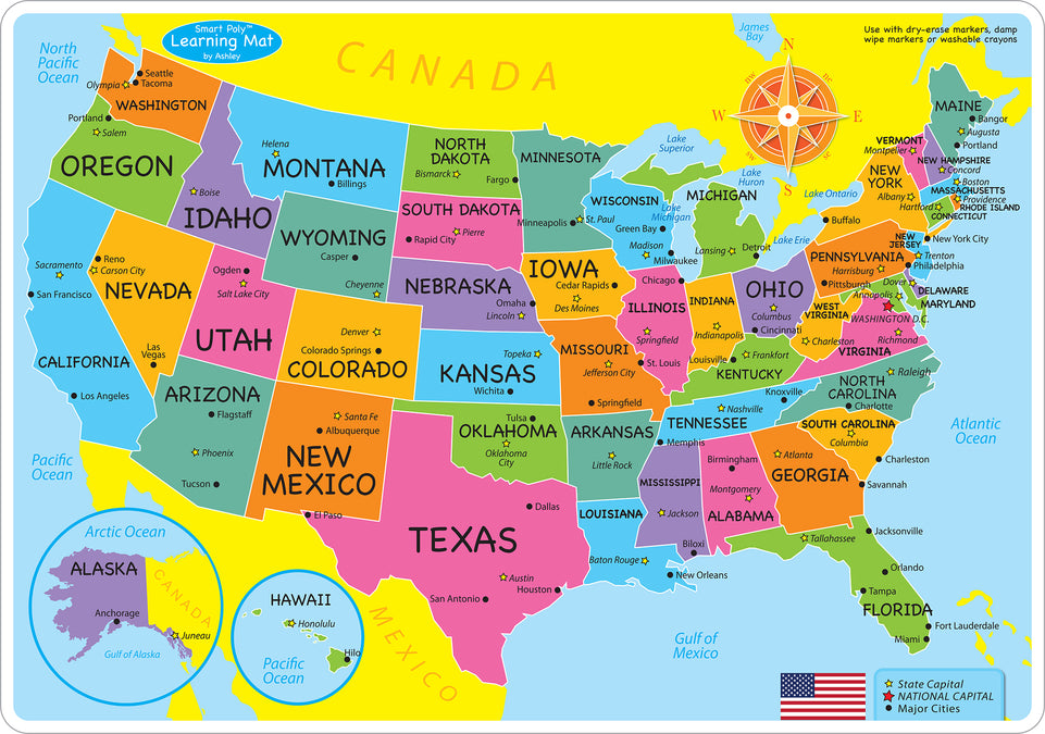 95000 USA Map Basic, Smart Poly Learning Mat, 2 sided, 12" x 17"