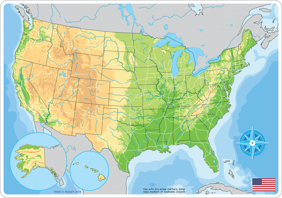 95001 USA Map Physical, Smart Poly Learning Mat, 2 sided, 12" x 17"