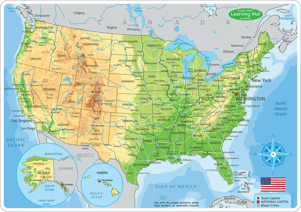 95001 USA Map Physical, Smart Poly Learning Mat, 2 sided, 12" x 17"
