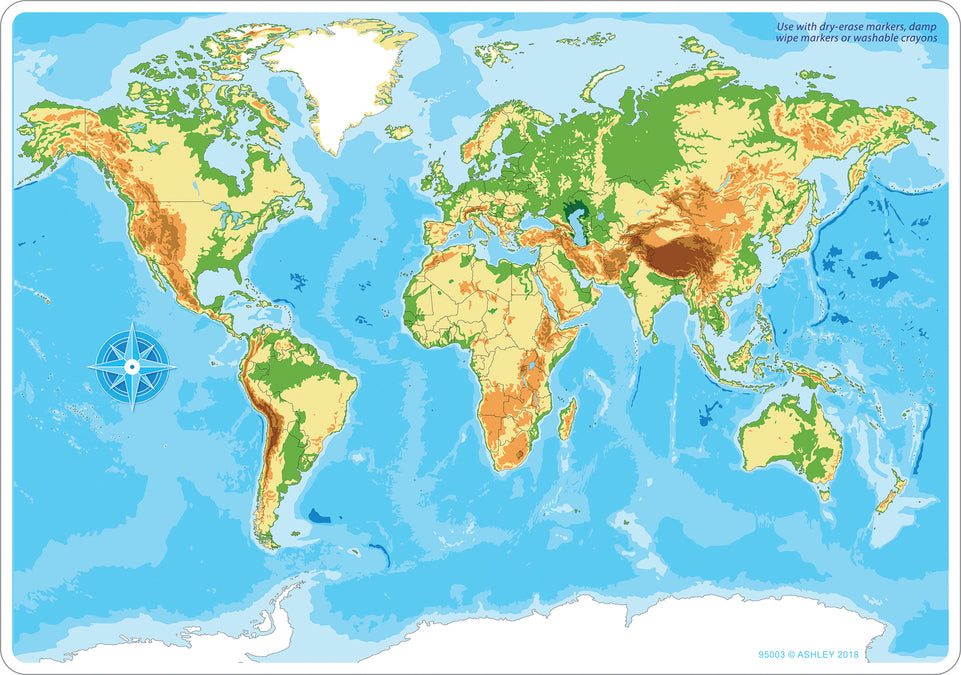 95003, World Map Physical , Smart Poly Learning Mat, 2 sided, 12" x 17"