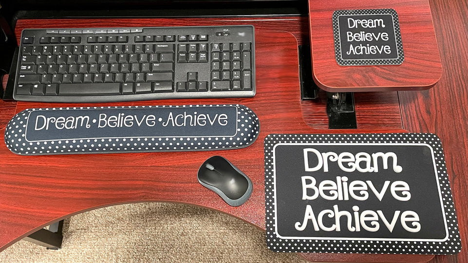 12520 Computer Desk Mats, Set of 3,  1 ea Mouse Pad, 1 ea Keyboard Wrist Pad, 1 ea Coaster, Dream, Believe, Achieve, Black with White Dots