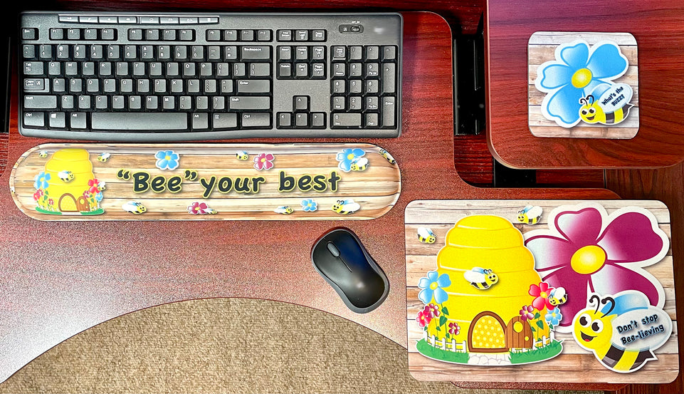 12521 Computer Desk Mats, Set of 3, 1 ea Mouse Pad, 1 ea  Keyboard Wrist Pad, 1 ea Coaster, Bee Your Best, Bee Themed Positive