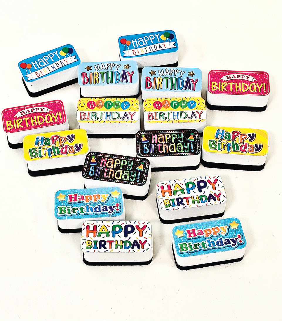 78016 Happy Birthday Non-Magnetic Mini Whiteboard Erasers, 16-Pack, Happy Birthday