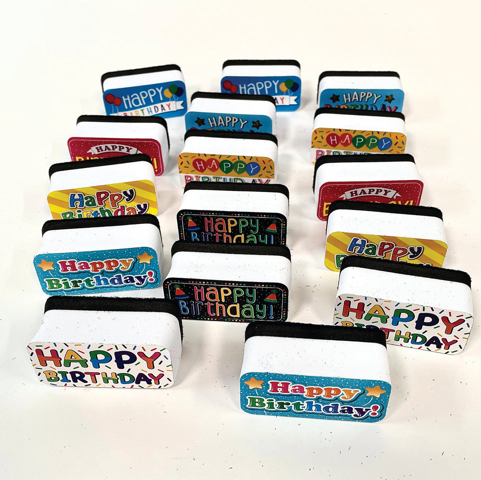 78016 Happy Birthday Non-Magnetic Mini Whiteboard Erasers, 16-Pack, Happy Birthday
