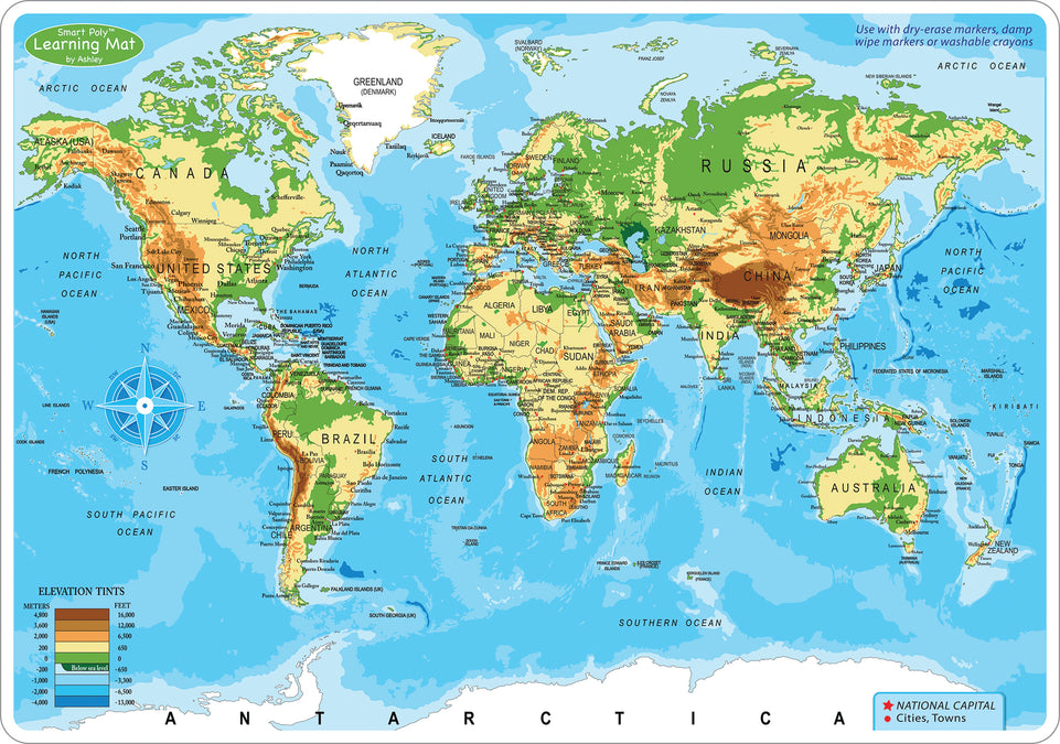 95003, World Map Physical , Smart Poly Learning Mat, 2 sided, 12" x 17"