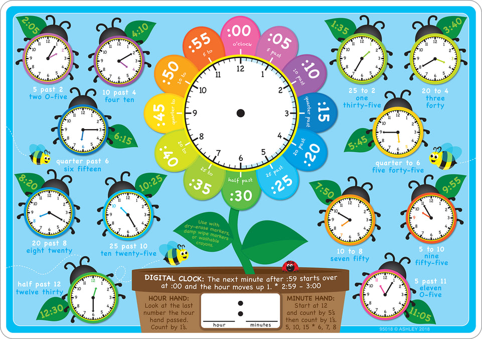 95018 Telling Time Clocks ,Smart Poly Learning Mat, 2 sided, 12" x 17"