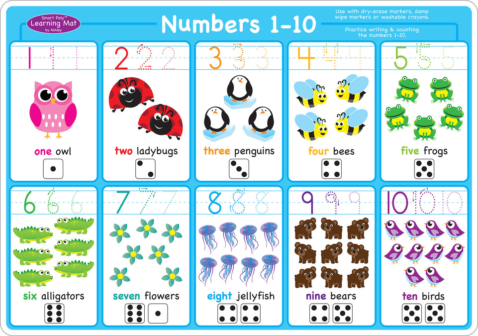 95023 Math Numbers 1-10, Smart Poly Learning Mat, 2 sided, 12" x 17"