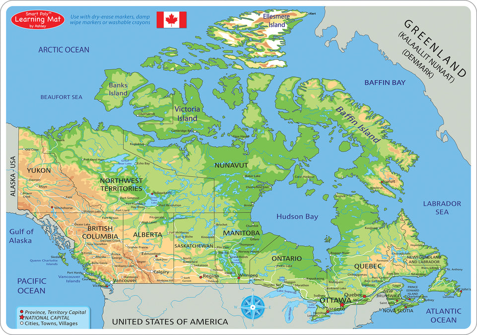 95024 Canada Map Physical, Smart Poly Learning Mat, 2 sided, 12" x 17"