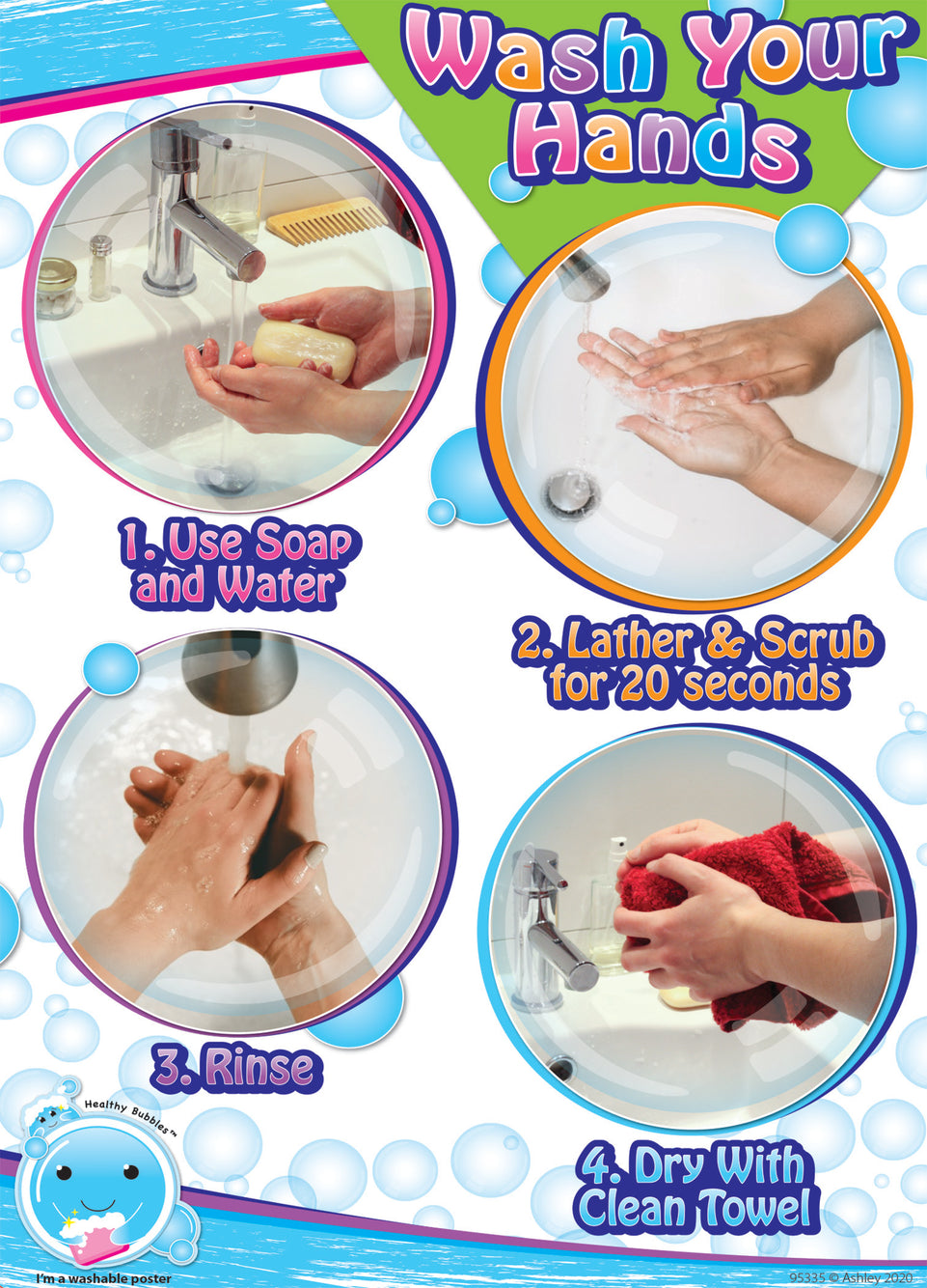 95335 PosterMat Pals™, Space Savers, 13" x 9.5", Smart Poly®, Wash Your Hands 4 Bubbles